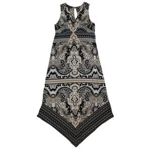 INC Black Beige Paisley Print Sleeveless Handkerchief Hem Maxi Dress M